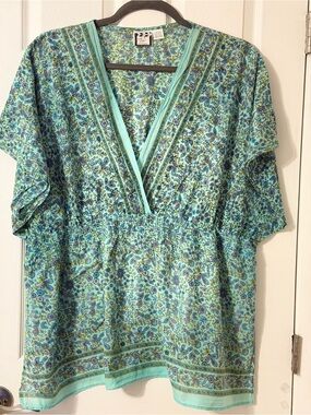 Women’s Light Teal Floral V-Neck Smocked-Waist Tunic 100% Cotton